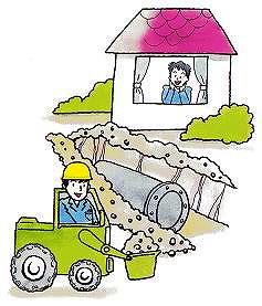 住宅街の道路で水道管を埋設する工事を重機に乗った黄色のヘルメットを被った作業員が行っており、その様子を住宅の窓から住民が見守っている工事のイラスト