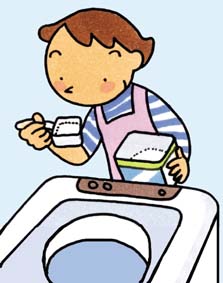 女性が洗濯用洗剤をきちんと測って洗濯機に入れようとしているイラスト