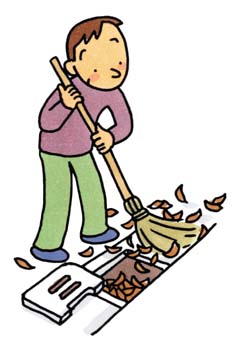 ほうきを持った男性が落ち葉などを、蓋を開けた側溝の中に掃き入れている様子を描いた、下水道への異物流入に関する注意喚起を目的としたイラスト