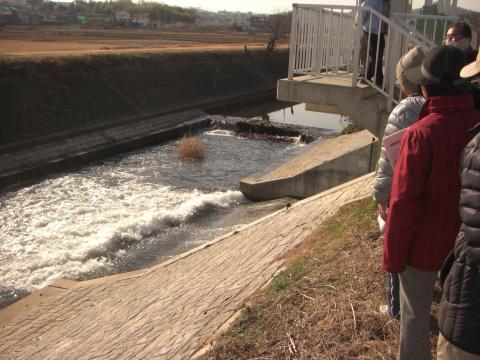 水の流れが速く泡立っているコンクリートの護岸で固められた水路の横に、数名の見学者が立っている様子の写真