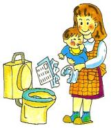 茶色のエプロンをつけた女性が、赤ちゃんを抱きながら、おむつなどトイレットペーパー以外の紙類を便器に流そうとしている、家庭内での不適切な行動を描いたイラスト