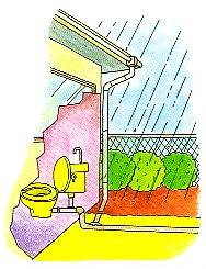 住宅の建物断面と外部の様子を描き、雨が降る中で、屋根から雨どいを伝った雨水と、屋内のトイレの排水がそれぞれ別の管で地面の下を流れている様子を示す配管の模式図イラスト