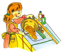 家庭の台所の流し台で、エプロンを着用した女性が、大きな鍋から油分を排水溝に直接流している様子を描いた水彩画風のイラスト