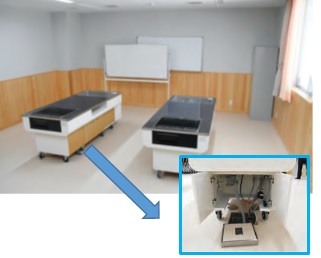 調理台が二つ並ぶ部屋の全体像に、青い矢印で指し示された調理台のキャビネット内部を拡大した画像が重ねて表示されている写真