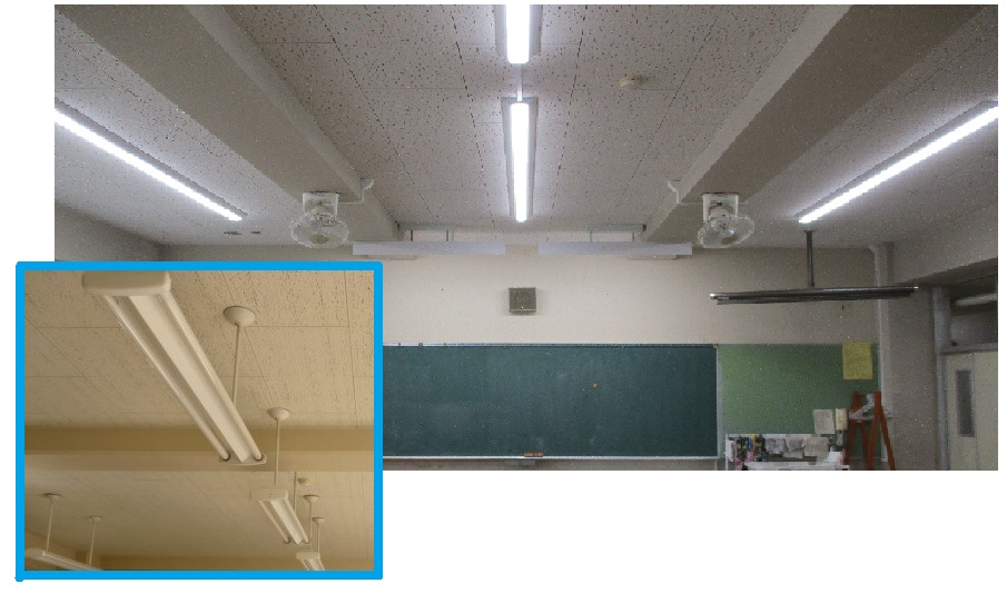 中央に黒板と壁掛け時計が見える教室の風景で、白い点字模様の天井には複数の蛍光灯と扇風機が設置されており、左下には蛍光灯がアップで写る青い縁取りの別画像が配置されている写真