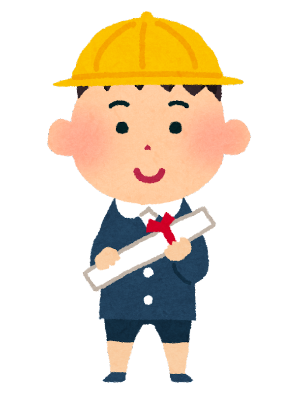 制服と黄色い帽子を着用した男の子が、赤いリボンで巻かれた卒業証書のような筒状の書類を両手で持ち、正面に向かって立っているイラスト