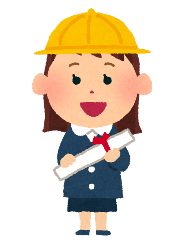 制服と黄色い帽子を着用した女の子が、赤いリボンで巻かれた卒業証書のような筒状の書類を両手で持ち、正面に向かって立っているイラスト