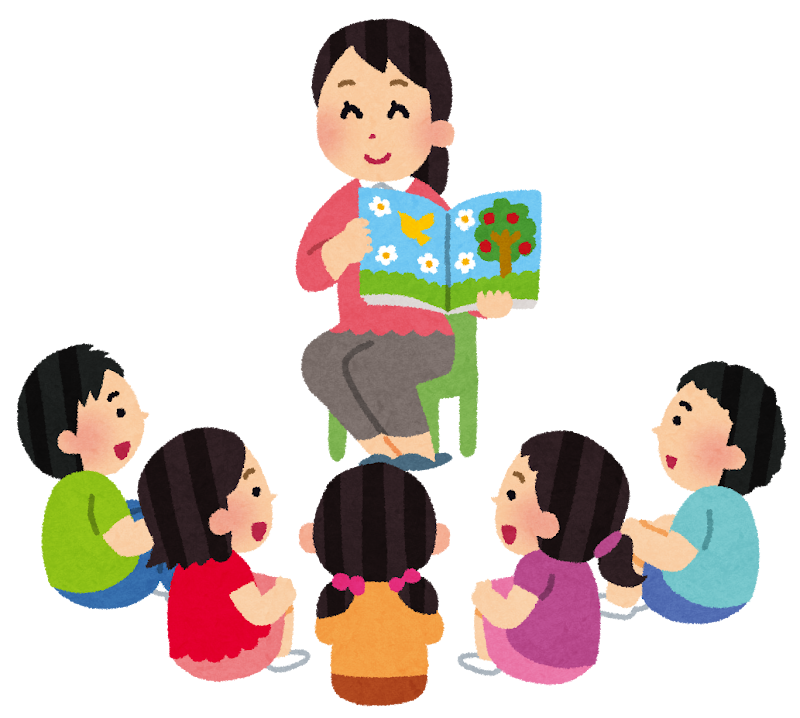 中央の緑の椅子に座った女性が花と鳥と木が描かれた絵本を開いて読み聞かせをし、その周りに五人の子どもたちが床に座って楽しそうに聞いている様子を描いたイラスト