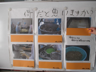 「なん だと 思いますか？」の文字の下に、給食の調理工程を写した写真と、めくると答えが書かれているオレンジ色の紙を組み合わせたクイズ形式の掲示物がホワイトボードに貼られている写真