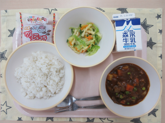 ピンクのトレーに給食が右上から反時計回りで牛乳、ミックスサラダ、ガトーショコラ、ごはん、ハヤシライスと並べられている写真