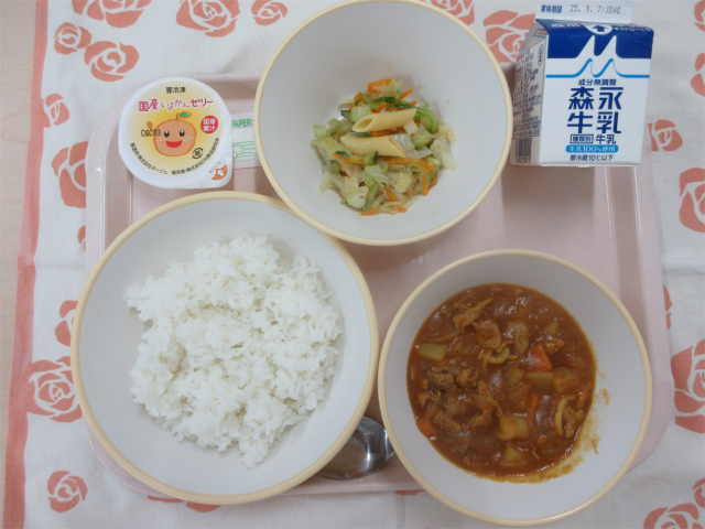 ピンクのトレーに給食が右上から反時計回りで牛乳、玉ねぎドレッシングサラダ、いよかんゼリー、ごはん、カレーと並べられている写真