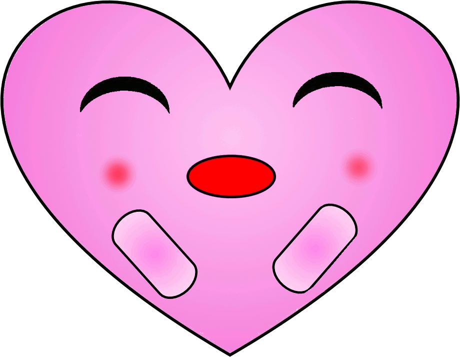 濃いピンクのハート型の顔に、優しく目を閉じた笑顔で、両頬が赤いハピスマ君のイラスト