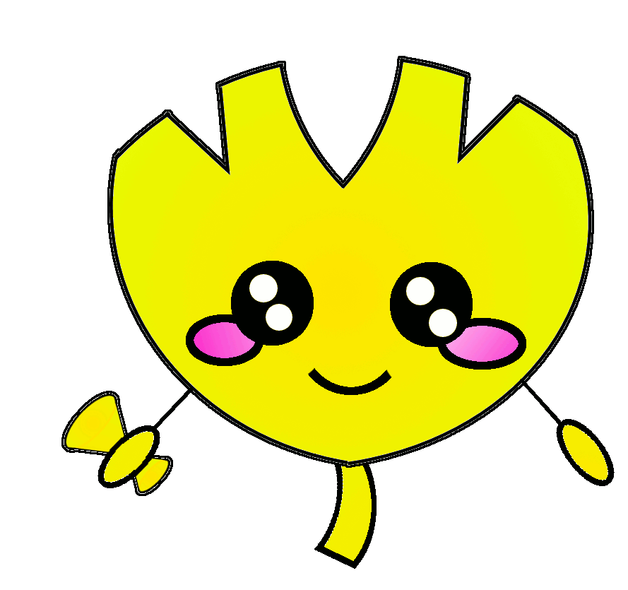 イチョウの葉をモチーフにしキラキラとした大きな目にピンクの頬、にっこりとした口元のミライチョウのイラスト