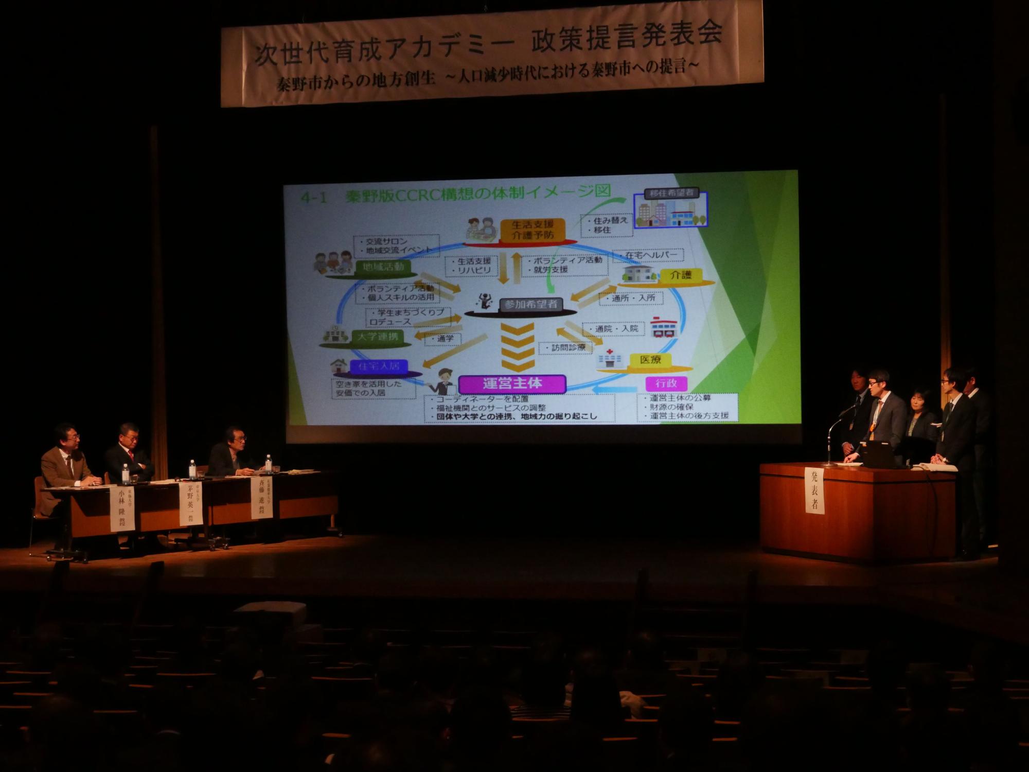 資料が映し出されたスクリーンを挟み、左側には3人の男性が着席し、右側には数人の発表者演台に立っている発表会の様子の写真