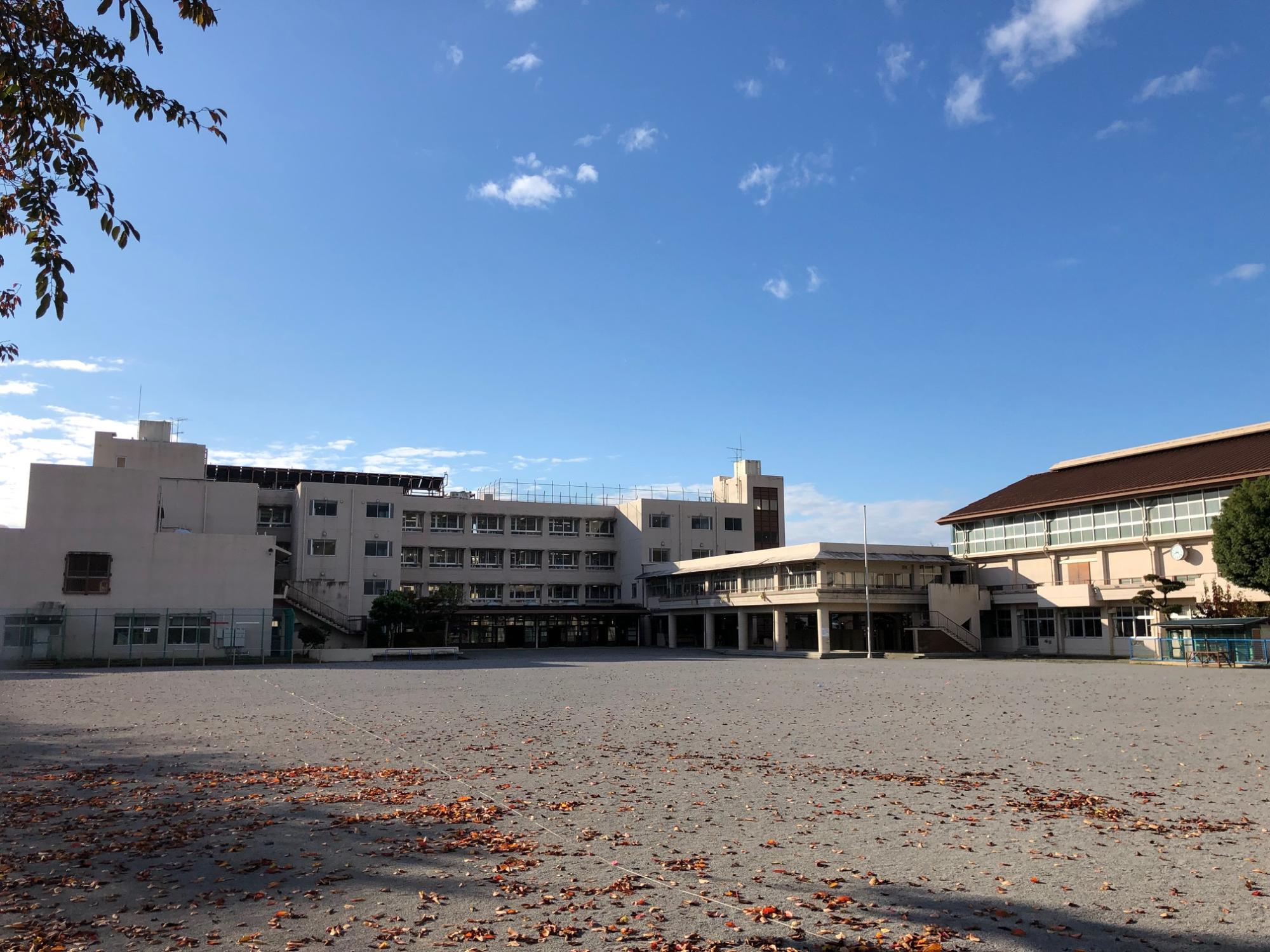 青空の下、落ち葉が散らばる広大な校庭の奥に、中央の2階建ての建物を中心に左側に4階建ての校舎、右側に茶色い屋根の体育館が並んで建つ堀川小学校の外観写真