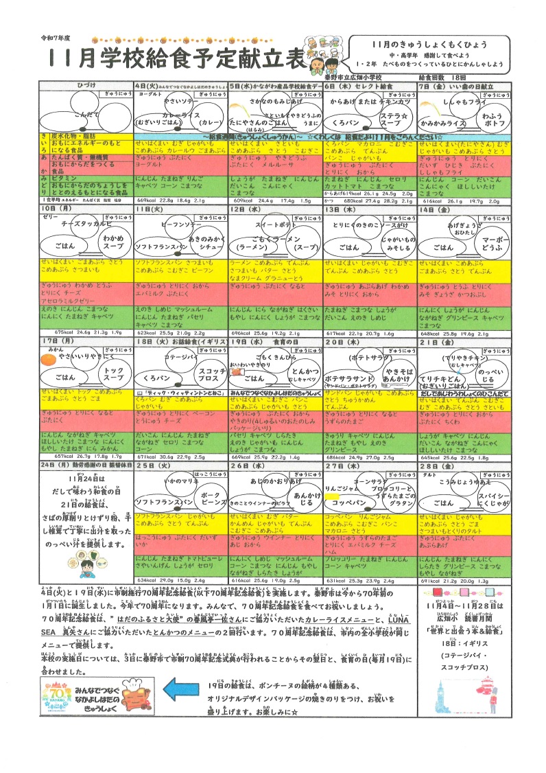 １１月献立表