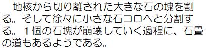 地核から切り離された大きな石の塊を割る。そして徐々に小さな石コロへと分割する。1個の石塊が崩壊していく過程に、石畳の道もあるようである。