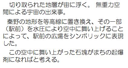 作者コメント：切り取られた地層が宙に浮く。無重力空間による宇宙の出来事。秦野の地形を等高線に置き換え、その一部（駅前）を水圧により空中に舞い上げることによって、駅前の広場をシンボリックに表現した。この空中に舞い上がった石塊がまちの起爆剤になればと考える。